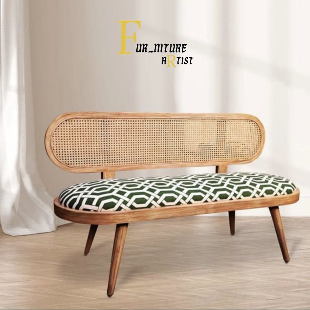 50 Patterned Upholstered Rattan Bench - Image 1
