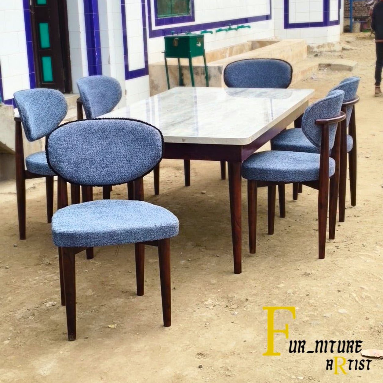 60 Blue Bouclé Wooden Dining Set - Image 1