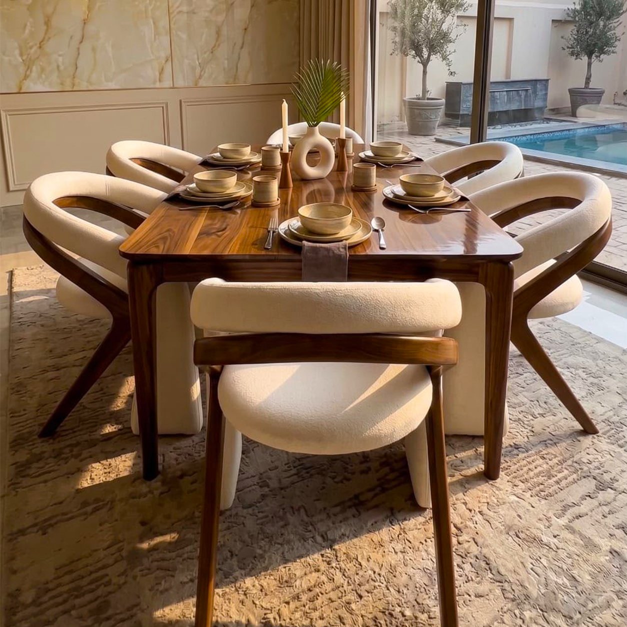 90 Modern Walnut Curved Dining Set - Image 1