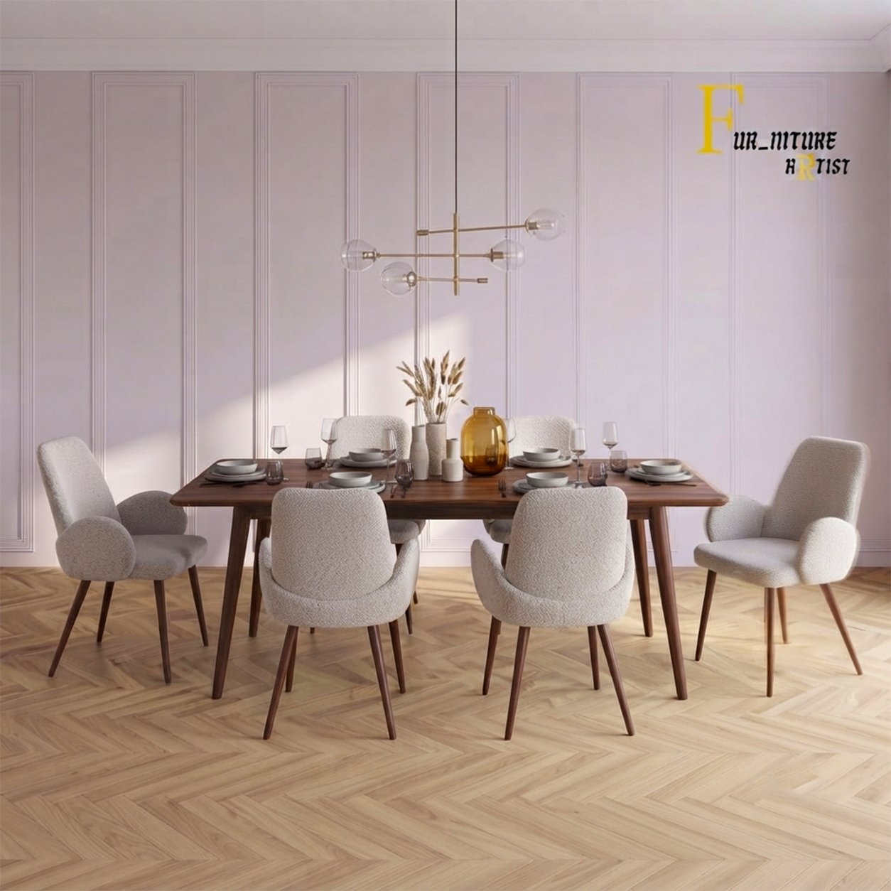 99 Mid-Century Wooden Bouclé Dining Set - Image 1